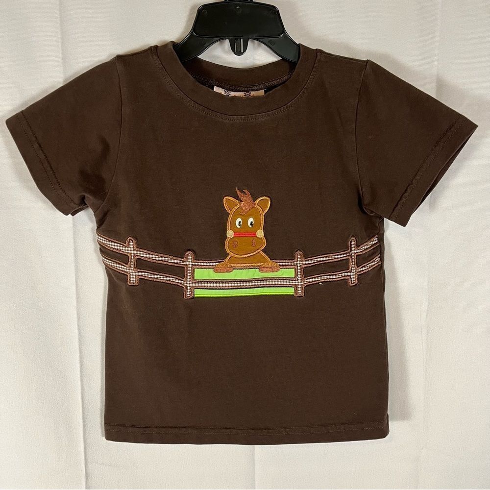 Smock Monkey Appliqué Horse Pony with Fence Brown Short Sleeve T-shirt S…